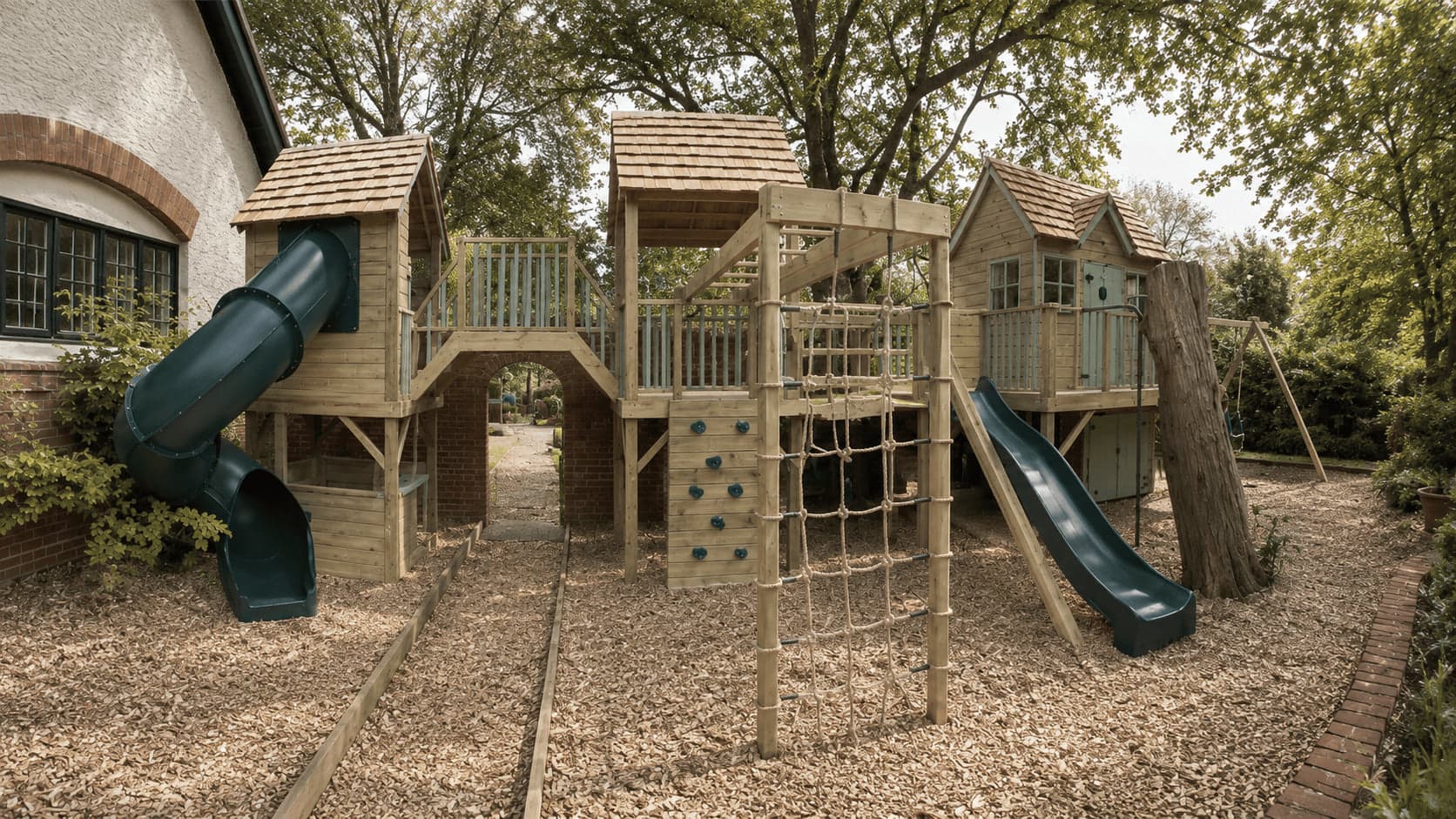 A raised clubhouse-style configuration with covered decks, brick archways, and a tube slide beside the family home
