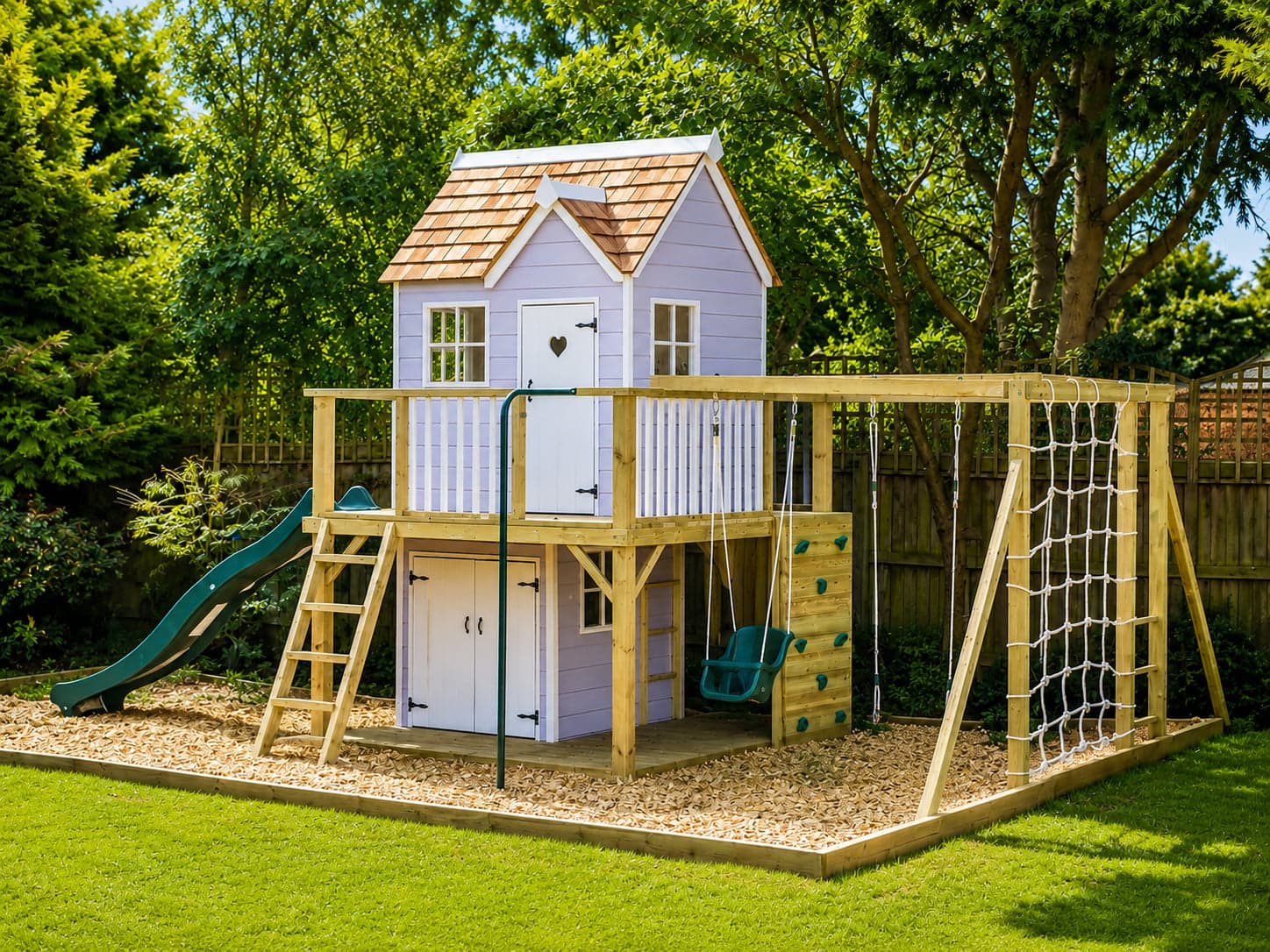 The Damson Mega playcentre in full sunshine, its lilac Real House lifted above the climbing frame