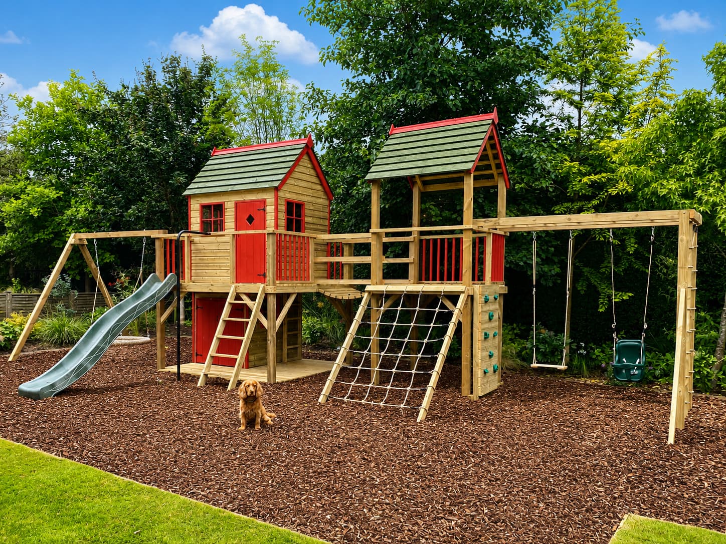 A Forest Mega Combo playhouse climbing frame with clatter bridge, second tower, scramble nets, and swings