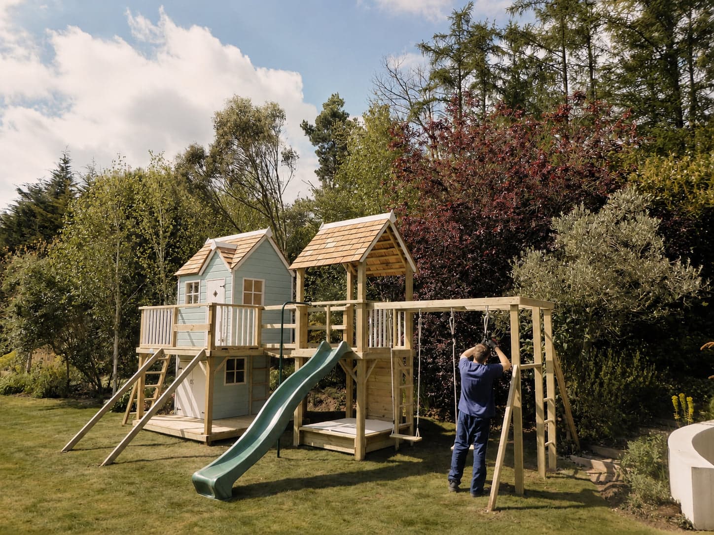 A Bespoke installer fitting the swing and monkey-bar frame of a duck-egg playhouse estate on installation day
