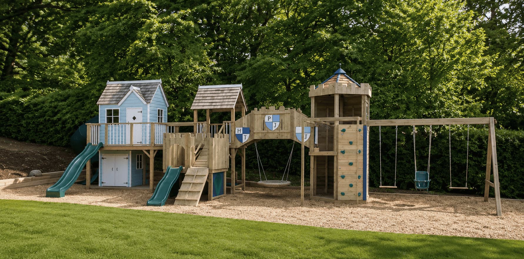 The Amersham commission: a cedar-roofed Forest Mega and hex play tower with castle theming and linking bridges