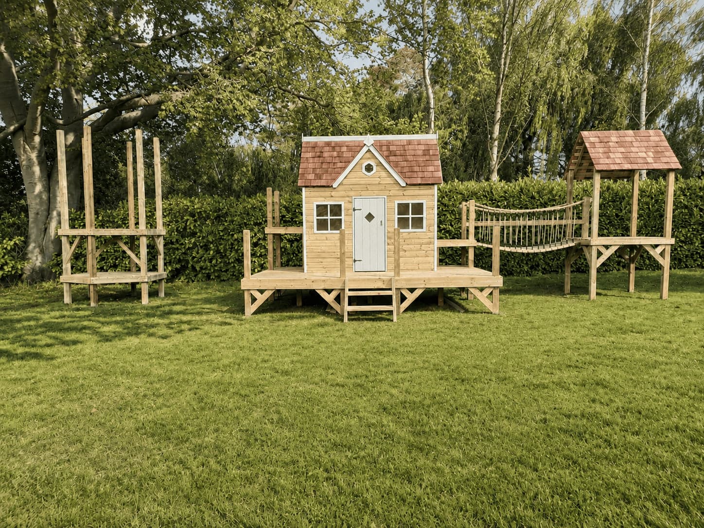 A playhouse and rope bridge stand complete while the next tower waits as a bare timber frame beside them